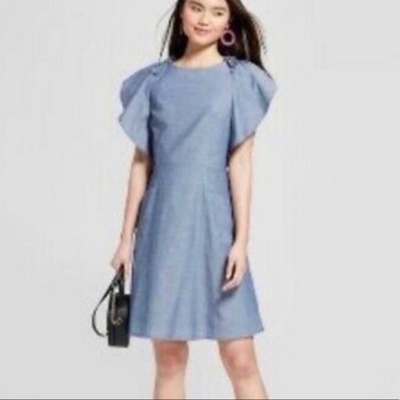 A New Day Blue Chambray Blue Denim Dress Flutter Sleeve Mini Casual Modern Small - Picture 1 of 8